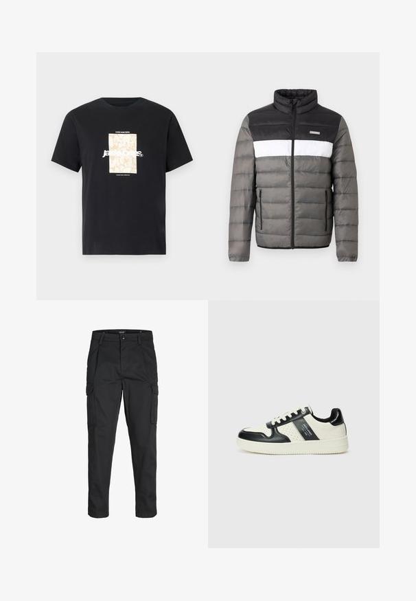 Puffjacka i svart, vit och grå. Har en ståkrage, framzip och lodräta fickor. Texturerade sektioner med quiltat mönster.; Svart bomullströja med rund hals. Har en beige rektangulär grafik och vit text, "JAWO," centrerad på framsidan. Kortärmad.; Svarta cargobyxor tillverkade av hållbart tyg, med flera fickor, knappstängning och en smal passform med avsmalnande ben.; Läder sneakers med en svart och krämfärgad färgsättning, med perforerade detaljer, en vadderad krage och en strukturerad yttersula.