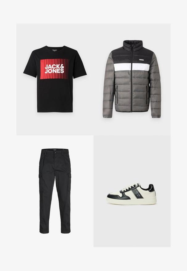 Puhasta jakna v črni, beli in sivi barvi. Ima stoječi ovratnik, sprednji zip in vertikalne žepke. Teksturne sekcije z oblazinjenim vzorcem.; Črna majica s kratkimi rokavi z rdečim pravokotnim grafičnim oblikovanjem in vertikalnimi črtami ter napisom "JACK & JONES" v beli barvi.; Črne cargo hlače iz trdnega blaga, ki imajo več žepov, gumbasto zapiranje in ozek kroj z zožanimi nogami.; Usnjeni športni čevlji z črno in krem barvno shemo, ki vključujejo perforirane dodatke, podložen ovratnik in strukturirano podplat.