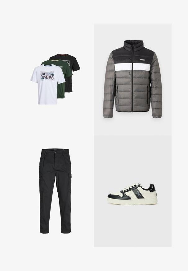 Puhasta jakna v črni, beli in sivi barvi. Ima stoječi ovratnik, sprednji zip in vertikalne žepke. Teksturne sekcije z oblazinjenim vzorcem.; Tri kratke majice s kratkimi rokavi v beli, zeleni in črni barvi, s grafikami in napisom "JACK & JONES" v različnih stilih in barvah.; Črne cargo hlače iz trdnega blaga, ki imajo več žepov, gumbasto zapiranje in ozek kroj z zožanimi nogami.; Usnjeni športni čevlji z črno in krem barvno shemo, ki vključujejo perforirane dodatke, podložen ovratnik in strukturirano podplat.