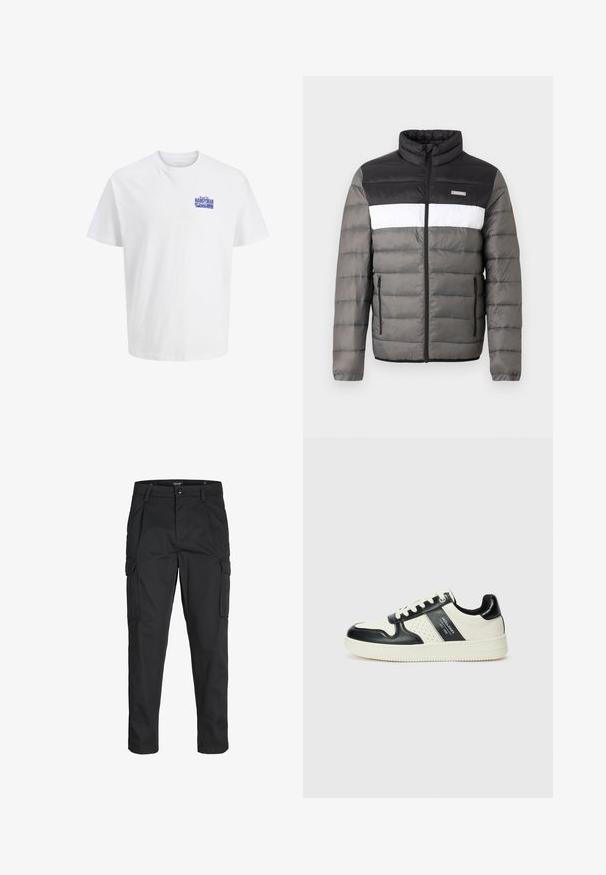 Jachetă puffer în culorile negru, alb și gri. Are guler înalt, fermoar frontal și buzunare verticale. Secțiuni texturate cu model matlasat.; Tricou alb cu mânecă scurtă, având un mic logo al textului "Handyman" de culoare albastră pe partea stângă a pieptului.; Pantaloni cargo negri dintr-un material rezistent, cu multiple buzunare, închidere cu nasture și un design slim fit cu picioare conice.; Tenisi din piele cu un scheme de culori negru și crem, dotati cu accente perforate, guler căptușit și o talpă texturată.
