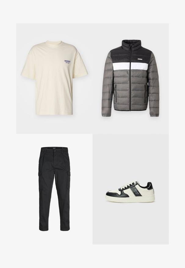 Giacca a vento imbottita nera, bianca e grigia. Caratterizzata da un colletto alto, chiusura frontale con zip e tasche verticali. Sezioni testurizzate con motivo trapuntato.; T-shirt a maniche corte di colore crema in cotone. Presenta un piccolo logo blu "ORIGINALS" sul lato sinistro del petto. Design classico con colletto a girocollo.; Pantaloni cargo neri realizzati in un tessuto resistente, dotati di molteplici tasche, chiusura con bottone e un design aderente con gambe affusolate.; Sneakers in pelle con una combinazione di colori nero e crema, dotati di dettagli perforati, collare imbottito e suola testurizzata.