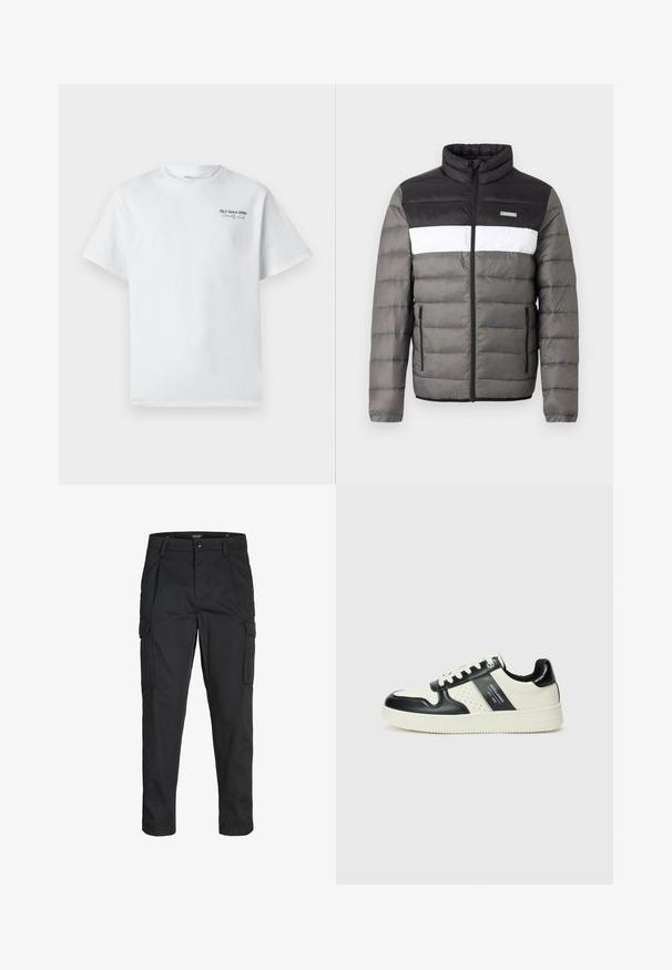 Puffer jacket in black, white, and gray. Features a stand collar, front zip, and vertical pockets. Textured sections with quilted pattern.; White cotton t-shirt with short sleeves, round neckline, featuring a small black text logo "J&J since 1990 Society Club" on the chest.; Black cargo pants made of sturdy fabric, featuring multiple pockets, a button closure, and a slim fit design with tapered legs.; Leather sneakers with a black and cream color scheme, featuring perforated accents, a padded collar, and a textured outsole.