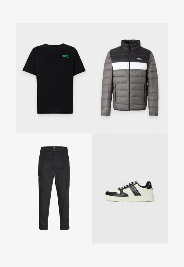 Pufferjas in zwart, wit en grijs. Voorzien van een staande kraag, ritssluiting aan de voorkant en verticale zakken. Gelaagde secties met een doorgestikt patroon.; Zwarte T-shirt van katoen met korte mouwen. Heeft een groen "ROOTS" logo op de voorkant, een ronde halslijn en een standaard pasvorm.; Zwarte cargobroek van stevig stof, met meerdere zakken, een knoopsluiting en een slim fit ontwerp met taps toelopende benen.; Leren sneakers met een zwart en crèmekleurig kleurenschema, voorzien van geperforeerde accenten, een gevoerde kraag en een gestructureerde buitenzool.