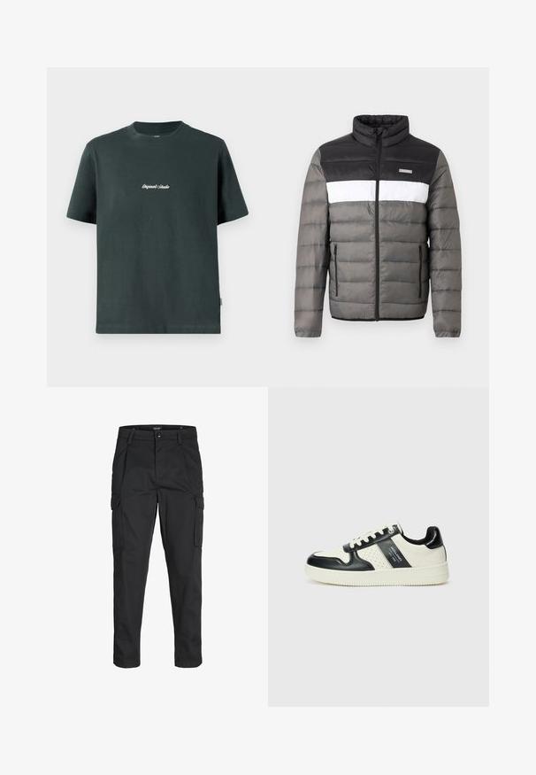 Puhasta jakna v črni, beli in sivi barvi. Ima stoječi ovratnik, sprednji zip in vertikalne žepke. Teksturne sekcije z oblazinjenim vzorcem.; Temno zelena bombažna majica s krožnim izrezom, kratkimi rokavi in belim vezenim napisom "Original Studio" na prsih. Gladka tekstura.; Črne cargo hlače iz trdnega blaga, ki imajo več žepov, gumbasto zapiranje in ozek kroj z zožanimi nogami.; Usnjeni športni čevlji z črno in krem barvno shemo, ki vključujejo perforirane dodatke, podložen ovratnik in strukturirano podplat.