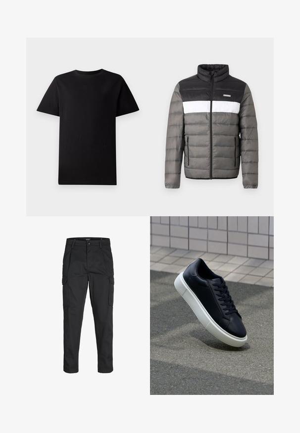 Puffer-takki mustassa, valkoisessa ja harmaassa. Varustettu korkea kaulus, etuvetoketju ja pystysuorat taskut. Teksturoitu alue, jossa on tikattu kuvio.; Musta lyhythihainen pyöreäkauluksinen puuvillapaita, asetettuna tasaiselle valkoiselle taustalle.; Mustat cargo-housut, jotka on valmistettu kestävästä kankaasta. Housuissa on useita taskuja, nappisulku ja kapea istuvuus, jossa on kapenevat lahkeet.; Mustat nahkakengät, joissa on pyöristetty kärki ja valkoinen kumipohja. Varusteena litteät nauhat ja minimaalinen ommel ylhäällä. Teksturoitu pohja pitävyyden lisäämiseksi.