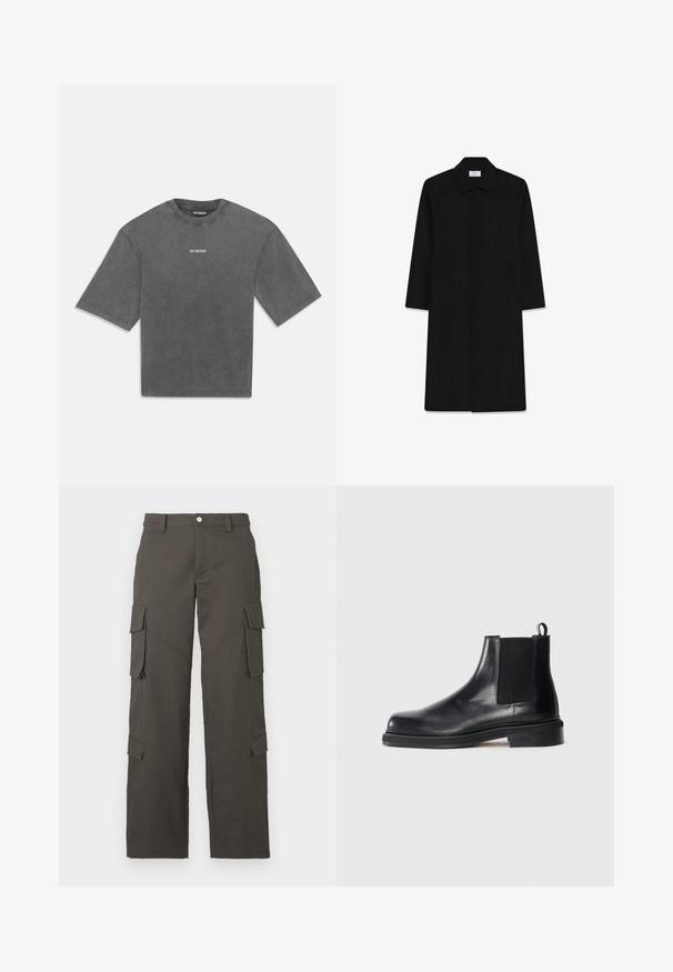 Juodas ilgas paltas su tiesia forma, pagamintas iš tekstūruotos medžiagos. Turintis taškinį apykaklę, mygtukų užsegimą ir šonines kišenes.; Anglies pilkos spalvos per didelis trumpomis rankovėmis marškinėliai su mažu baltu "HAN KJØBENHAVN" logotipu, centruotu krūtinėje.; Tamsiai pilki tiesaus kirpimo cargo džinsai su mygtuko uždarymu ir keturiomis kišenėmis su dangteliu, dvi ant šlaunų ir dvi šalia blauzdų.; Juodas odinės Chelsea batai su elastinga šonine juostele, apvaliu pirštu, traukimo kilpute ant kulno ir žemu stumdomu padu ant vientiso fono.