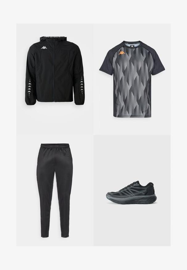 Svart lättviktsjacka i nylon med dragkedja framtill, huva och elastiska ärmmuddar. Har en logotyp på bröstet och mönstrade detaljer på ärmarna.; Svart sportt-shirt med ett geometriskt randmönster i grått och vitt, med en orange logotyp på vänster axel. Korta ärmar.; Svarta idrottsbyxor tillverkade av slätt, lätt material. Har ett elastiskt midjeband och slim fit med dragkedjefickor.; Pier One Sport Sneakers - black