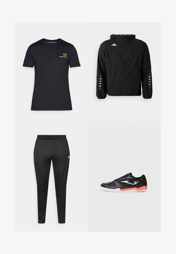Melns viegls jaciņš, izgatavots no neilona, ar rāvējslēdzēju priekšpusē, kapuci un elastīgiem piedurkņu galiem. Uz krūtīm ir logo un uz piedurknēm ir rakstainas akcentu detaļas.; Melna īsām piedurknēm t-kreklu, izgatavotu no kokvilnas. Kreisajā krūtīs ir dzeltena logo apdruka. Klasiska apaļa dekoltē, gluda tekstūra.; Melni sporta bikses, kas izgatavotas no gludas, stiepjamas auduma, ar elastīgu jostu un baltu logo uz kreisā augšstilba.; Melnas sporta kurpes ar teksturētu virsmas materiālu, sudraba akcentiem un oranžām detaļām zoli. Aprīkotas ar baltu dabīgā kaučuka zoli, kas nodrošina saķeri.