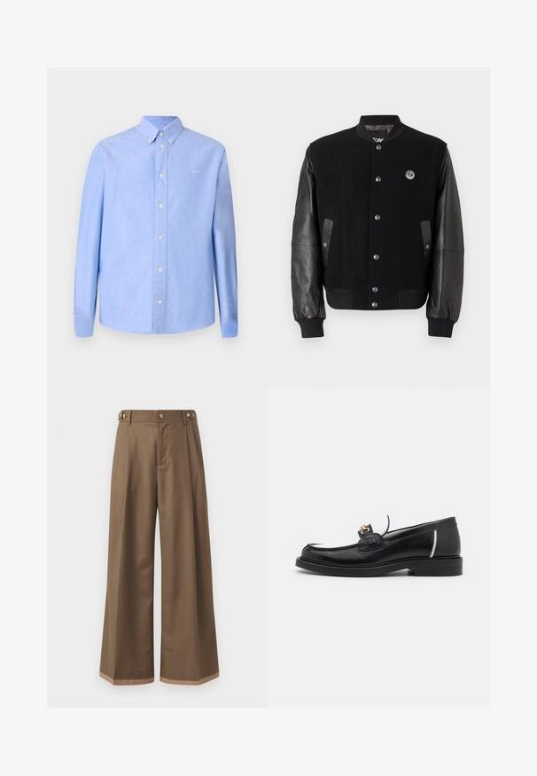 Mustan yliopistotakin villaiset osat ja nahkahiha. Ominaisuuksiin kuuluu napsunapit, kaksi sivutaskua ja logo-patch rinnassa.; Mustat neulotut neuleet pitkillä hihoilla, pyöreällä kaula-aukolla ja ribboilla varustetuilla hihoilla. Sisältää valkoisella brodeeratut "JUST CAVALLI" ja "FIRED EARTH".; Vaaleansininen pitkähihaine paita, joka on valmistettu sileäksi tuntuvasta kankaasta. Yksiommellinen kaulus ja valkoiset napit. Pienikokoinen logo rinnassa.; Valkoiset housut tummasta ruskeasta kankaasta, joissa on kaksi sivutaskua, kaksi koristeellista etunappia ja kontrastivärinen helma.; Musta nahkainen loaferi pyöreällä varvalla, valkoisilla yksityiskohdilla ja kultaisilla koristeilla vampissa. Siinä on teksturoitu läppä ja paksut korot.