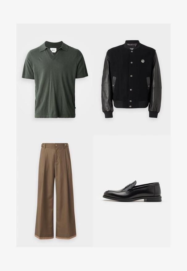 Juodas universiteto tipo švarkas su vilnoniu kūnu ir odinėmis rankovėmis. Yra užsegimai su snapais, dvi šoninės kišenės ir logotipas ant krūtinės.; Juodas megztinis su ilgomis rankovėmis, apvaliu kaklu ir raukšlėtomis rankogaliais. Ant jo išsiuvinėti užrašai "JUST CAVALLI" ir "FIRED EARTH" baltos spalvos.; Tamsiai žalia trumpomis rankovėmis polo marškinėliai su V formos iškirpte, pagaminti iš minkštos medžiagos, su tiesiu apdailu ir šoniniais įpjovimais patogumui.; Plati kelnės tamsiai rudos spalvos audinys, su dviem šoninėmis kišenėmis, dviem dekoratyviniais priekinias mygtukais ir kontrastingu apdaila apačioje.; Juodos odinės loafers, turinčios lygų paviršių, apvalią noselę ir dekoratyvinę juostą per priekinę dalį. Žemas krentantis kulnas, minimalistinis dizainas.