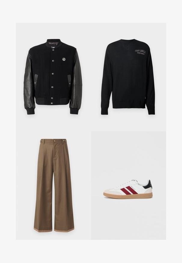 Μαύρο μπουφάν varsity με σώμα από μάλλινο ύφασμα και δερμάτινα μανίκια. Διαθέτει κουμπιά με σταγόνα, δύο πλαϊνές τσέπες και λογότυπο κοντά στο στήθος.; Μαύρο πλεκτό πουλόβερ με μακριά μανίκια, στρογγυλή λαιμόκοψη και ριμπ μανσέτες. Διαθέτει κεντημένα στα λευκά "JUST CAVALLI" και "FIRED EARTH".; Μακριά παντελόνια από σκούρο καφέ ύφασμα, με δύο πλαϊνές τσέπες, δύο διακοσμητικά κουμπιά μπροστά και λεπτομέρεια στο τελείωμα σε αντίθεση.; Λευκά χαμηλά παπούτσια με δύο μπορντό ρίγες, σουέντ κάλυμμα στην μύτη και μαύρη λεπτομέρεια στη φτέρνα, με καουτσούκ σόλα.