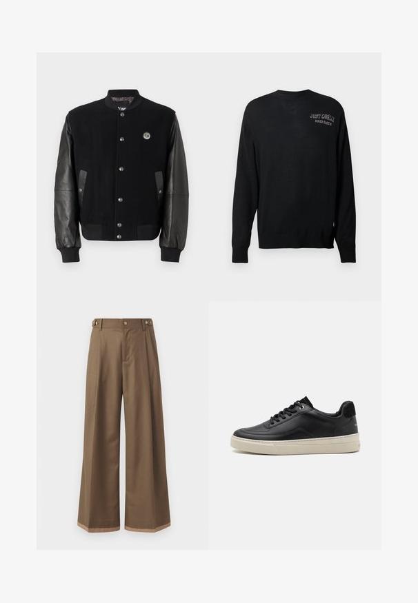 Fekete egyetemi dzseki gyapjús testtel és bőr ujjakkal. Kaponás gombokkal, két oldalsó zsebbel és logóval ellátott folttal a mellkason.; Fekete kötött pulóver hosszú ujjakkal, kerek nyakkal és bordázott mandzsettákkal. A "JUST CAVALLI" és a "FIRED EARTH" feliratok fehér hímzéssel készültek.; Sötétbarna anyagú, bővített szárú nadrág, két oldalsó zsebbel, két díszítő elülső gombbal és kontrasztos szegérrésszel.; Fekete bőrsportcipő alacsony profilú kialakítással, krémszínű gumitalppal, kerek orral és fűzős dizájnnal, fekete velúr sarkkal kiemelve.