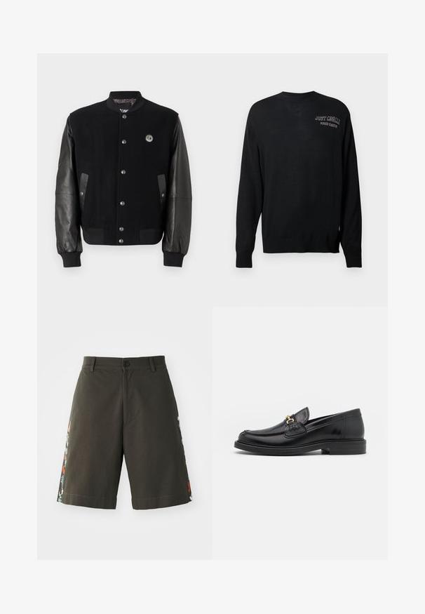 Fekete egyetemi dzseki gyapjús testtel és bőr ujjakkal. Kaponás gombokkal, két oldalsó zsebbel és logóval ellátott folttal a mellkason.; Fekete kötött pulóver hosszú ujjakkal, kerek nyakkal és bordázott mandzsettákkal. A "JUST CAVALLI" és a "FIRED EARTH" feliratok fehér hímzéssel készültek.; Paul Smith EMBORIDERED - Rövidnadrágok - military green; Fekete bőr loaferek, lekerekített orral, aranyszínű fémrész és varrási részletek díszítik, alacsony, strukturált gumitalpon.