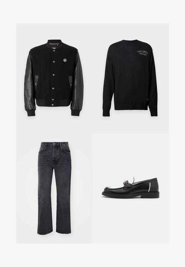 Mustaga varsity-jakk, millel on villane keha ja nahkvarrukad. Omab nööpe, kahte külgtaskut ja logo paika rinnal.; Musta kootud kampsun pika varruga, ümar kaelus ja soonikkoes mansetid. Omab valgeid tikandeid tekstidega "JUST CAVALLI" ja "FIRED EARTH".; Mustmustest mustriga disainiga mustad teksapüksid, millel on viis taskut, lukuga ja nööbiga kinnitamine. Kangas on sileda tekstuuriga.; Must have must kastanaga sääniga, valgete aktsentide ja kuldsete detailidega. Omab tekstuuriga paika ja kuhjatud kontsa.