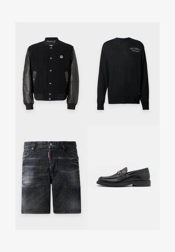 Čierna univerzitná bunda s vlneným telom a koženými rukávmi. Obsahuje cvoky, dve bočné vrecká a nášivku s logom na hrudi.; Čierny pletený sveter s dlhými rukávmi, okrúhlym výstrihom a rebrovanými manžetami. Na ňom je vyšívané biele "JUST CAVALLI" a "FIRED EARTH".; Čierne džínsové šortky so zosvetleným dizajnom, v štýle s piatimi vreckami a zapínaním na kovový gombík. Obsahujú viditeľnú značkovú nálepku na páse.; Čierne kožené loafers so zaoblenou špičkou, s pozlátenými kovovými prvkami a detailným šitím, uložené na nízkej, textúrovanej gumenej podrážke.