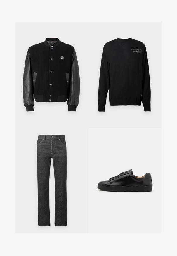 Mustan yliopistotakin villaiset osat ja nahkahiha. Ominaisuuksiin kuuluu napsunapit, kaksi sivutaskua ja logo-patch rinnassa.; Mustat neulotut neuleet pitkillä hihoilla, pyöreällä kaula-aukolla ja ribboilla varustetuilla hihoilla. Sisältää valkoisella brodeeratut "JUST CAVALLI" ja "FIRED EARTH".; Mustat corduroy-suorat lahkeet -farkut etu- ja takataskuilla, vyölenkeillä ja nappisuljennalla valkoista taustaa vasten.; Musta nahkakengät, joissa on sileä pinta, pyöreä kärki ja mustat nauhat. Varustettu vähäisellä brändäyksellä kantapäässä ja kumipohjalla.