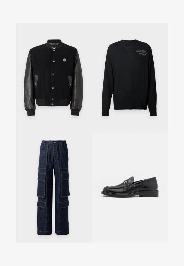Black varsity jacket with wool body and leather sleeves. Features snap buttons, two side pockets, and a logo patch on the chest.; Black knitted sweater with long sleeves, crew neck, and ribbed cuffs. Features "JUST CAVALLI" and "FIRED EARTH" embroidered in white.; Navy denim cargo pants with multiple large pockets, elastic waistband, and contrasting orange stitching. Wide-leg design for a relaxed fit.; Black leather loafers with a rounded toe, featuring gold hardware accent and stitching detail, set on a low, textured rubber sole.