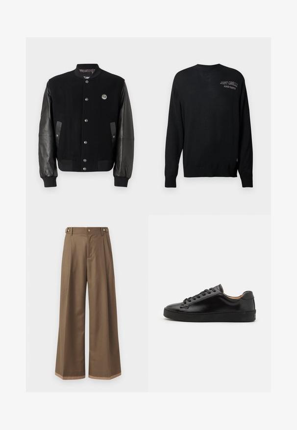 Sort varsity jakke med uldkrop og læderærmer. Har trykknapper, to sidelommer og et logo-patch på brystet.; Sort strikket sweater med lange ærmer, rund hals og ribbede manchetter. Foreslået "JUST CAVALLI" og "FIRED EARTH" broderet i hvidt.; Bredde ben bukser i et mørkebrunt stof, der har to sidelommer, to dekorative forreste knapper og en kontrast kant.; Sorte lædersneakers med en glat overflade, rund tå og sorte snørebånd. Har minimal branding på hælen og en gummisål.
