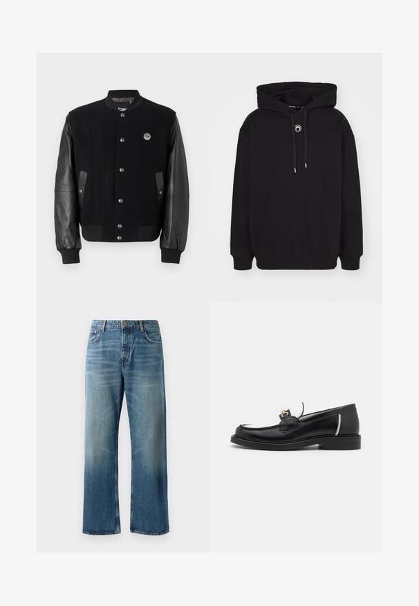 Giacca varsity nera con corpo in lana e maniche in pelle. Presenta bottoni a pressione, due tasche laterali e un'etichetta con logo sul petto.; Felpa nera con cappuccio, dotata di un cordoncino frontale, polsini e orlo a costine, e un piccolo dettaglio ricamato circolare sul petto.; Jeans a palazzo azzurri chiari con lavaggio sbiadito, dotati di chiusura con un bottone, cinque tasche e cuciture in contrasto.; Mocassino in pelle nera con punta arrotondata, accenti bianchi e dettagli in oro sulla parte anteriore. Presenta un patch testurizzato e un tacco impilato.
