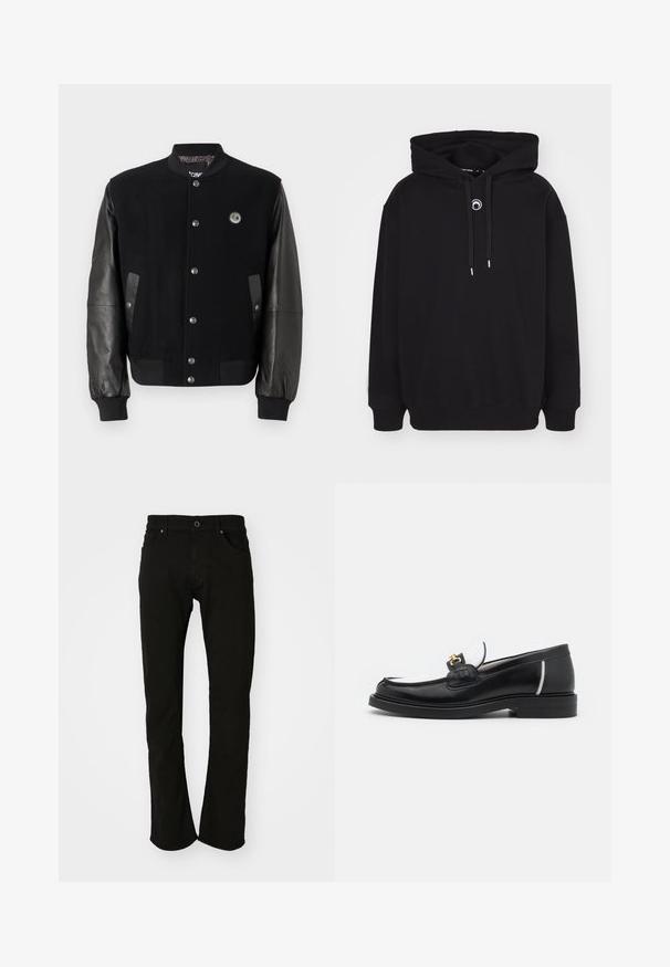 Melnā universitātes jakā ar vilnas ķermeni un ādas piedurknēm. Iekļauj snap pogas, divas sānu kabatas un logo uzplecu uz krūtīm.; Melna virsjaka ar kapuci, ar priekšējo auklu, ribotām piedurknēm un apakšmalu, un mazu apļveida izšuvumu uz krūšu.; Melni džinsu bikses ar taisnu griezumu, kas iezīmē klasisku jostu, priekšējām kabatām un gludu tekstūru. Nav redzamu rakstu vai aksesuāru.; Melnas ādas loferes ar noapaļotu purngalu, baltajiem akcentiem un zeltainām detaļām uz vamp. Iespējams, teksturēts pleksis un sakrauta papēža.