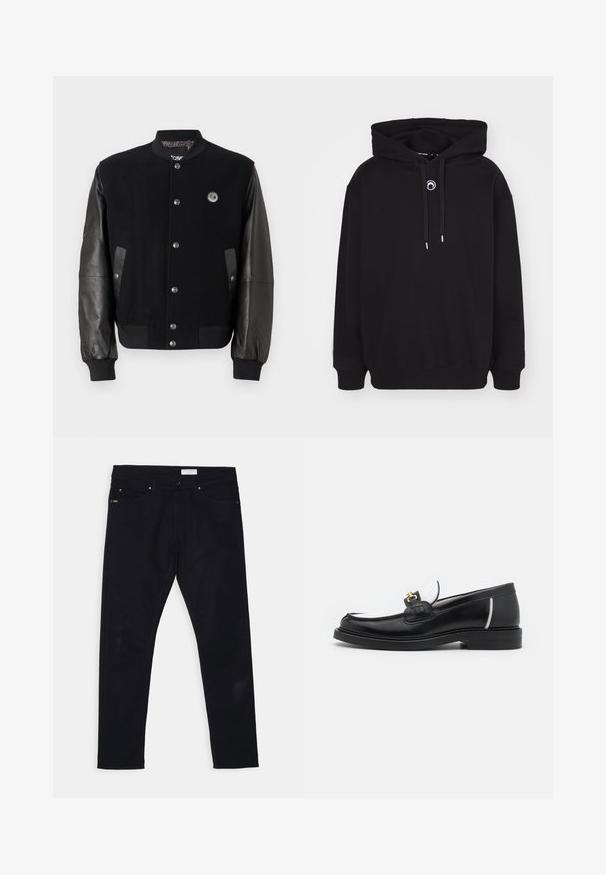 Mustan yliopistotakin villaiset osat ja nahkahiha. Ominaisuuksiin kuuluu napsunapit, kaksi sivutaskua ja logo-patch rinnassa.; Mustapaita, jossa on huppu, etupuolen kiristysnyöri, ribbikudokset hihansuissa ja helmasssa sekä pieni pyöreä brodeerattu yksityiskohta rinnassa.; Mustat farkut slim fit -leikkauksella, viidellä taskulla ja metalliosilla. Takavyötäröllä on nahkainen etiketti.; Musta nahkainen loaferi pyöreällä varvalla, valkoisilla yksityiskohdilla ja kultaisilla koristeilla vampissa. Siinä on teksturoitu läppä ja paksut korot.