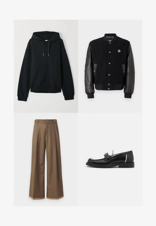 Black varsity jacket with wool body and leather sleeves. Features snap buttons, two side pockets, and a logo patch on the chest.; Black hoodie made of soft cotton blend. Features a drawstring hood, ribbed cuffs, and hem, with a subtle logo on the chest.; Wide-leg trousers in a dark brown fabric, featuring two side pockets, two decorative front buttons, and a contrast hem detail.; Black leather loafer with a rounded toe, white accents, and gold hardware on the vamp. Features a textured patch and stacked heel.