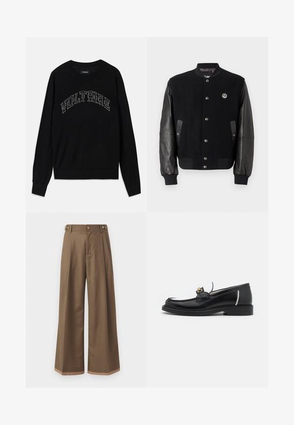 Schwarze Collegejacke mit Wollkörper und Lederärmeln. Verfügt über Druckknöpfe, zwei seitliche Taschen und ein Logo-Patch auf der Brust.; Schwarzer Pullover mit Rundhalsausschnitt und langen Ärmeln. "VOLTAIRE" in kontrastierender Steppung über der Brust. Weicher Stoff und figurbetonter Schnitt.; Weite Beinkleider aus einem dunkelbraunen Stoff, mit zwei Seiten Taschen, zwei dekorativen vorderen Knöpfen und einem kontrastierenden Saumdetail.; Schwarze Lederloafers mit runder Zehenpartie, weißen Akzenten und goldenen Beschlägen auf dem Vorderblatt. Verfügt über ein strukturiertes Patch und einen gestapelten Absatz.