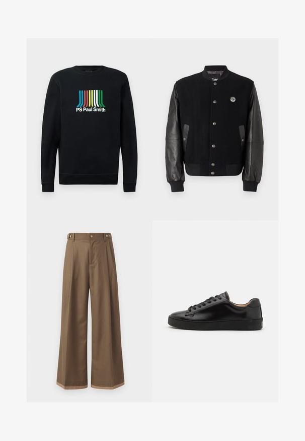 Giacca varsity nera con corpo in lana e maniche in pelle. Presenta bottoni a pressione, due tasche laterali e un'etichetta con logo sul petto.; Felpa nera con maniche lunghe e colletto rotondo, caratterizzata dal logo "PS Paul Smith" in vivaci strisce blu, rosse, gialle, verdi e bianche.; Pantaloni a gamba larga in un tessuto marrone scuro, con due tasche laterali, due bottoni decorativi frontali e un dettaglio a contrasto all'orlo.; Sneaker in pelle nera con finitura liscia, punta rotonda e lacci neri. Presenta un branding minimale sul tallone e una suola in gomma.