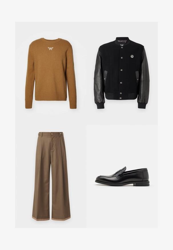 Giacca varsity nera con corpo in lana e maniche in pelle. Presenta bottoni a pressione, due tasche laterali e un'etichetta con logo sul petto.; Maglione marrone con collo tondo, polsini e orlo a coste, realizzato in un tessuto morbido, con un piccolo logo bianco sul petto.; Pantaloni a gamba larga in un tessuto marrone scuro, con due tasche laterali, due bottoni decorativi frontali e un dettaglio a contrasto all'orlo.; Mocassini neri in pelle con una texture liscia, punta arrotondata e una striscia decorativa sulla tomaia. Tacco basso impilato, design minimalista.