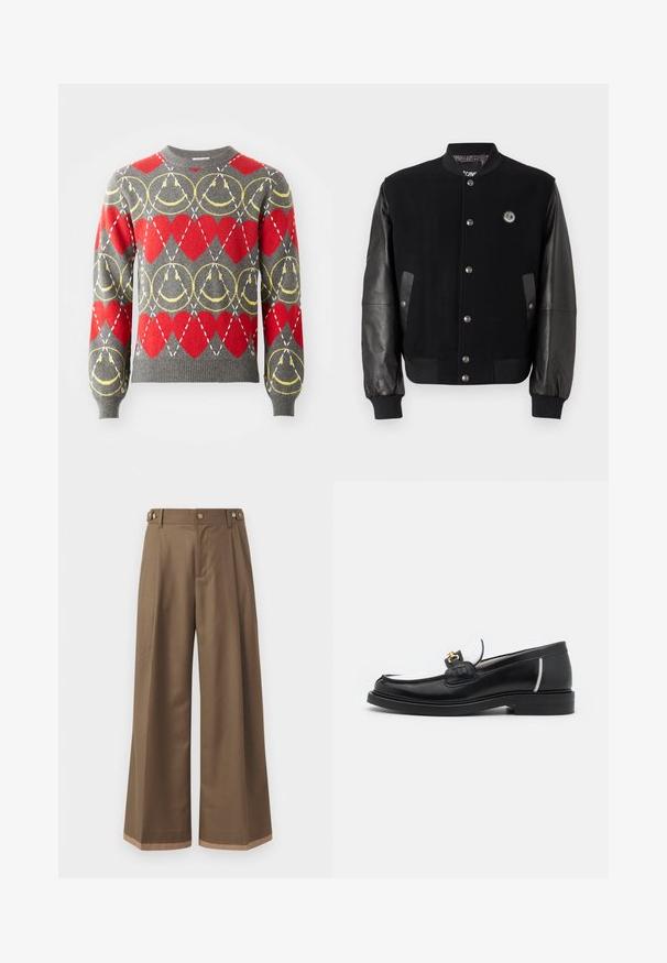 Czarna kurtka varsity z wełnianym korpusem i skórzanymi rękawami. Posiada napy, dwie boczne kieszenie i naszywkę z logo na piersi.; Szary sweter z czerwonymi sercami i żółtymi okrągłymi wzorami, z białymi przerywanymi liniami w diametralnej siatce na całym wzorze.; Spodnie o szerokich nogawkach w ciemno brązowym materiale, z dwiema bocznymi kieszeniami, dwiema dekoracyjnymi guzikami z przodu oraz kontrastowym wykończeniem u dołu.; Czarne skórzane mokasyny z zaokrąglonym noskiem, białymi akcentami i złotymi elementami na wierzchu. Posiadają teksturowaną łatkę i piętę złożoną.