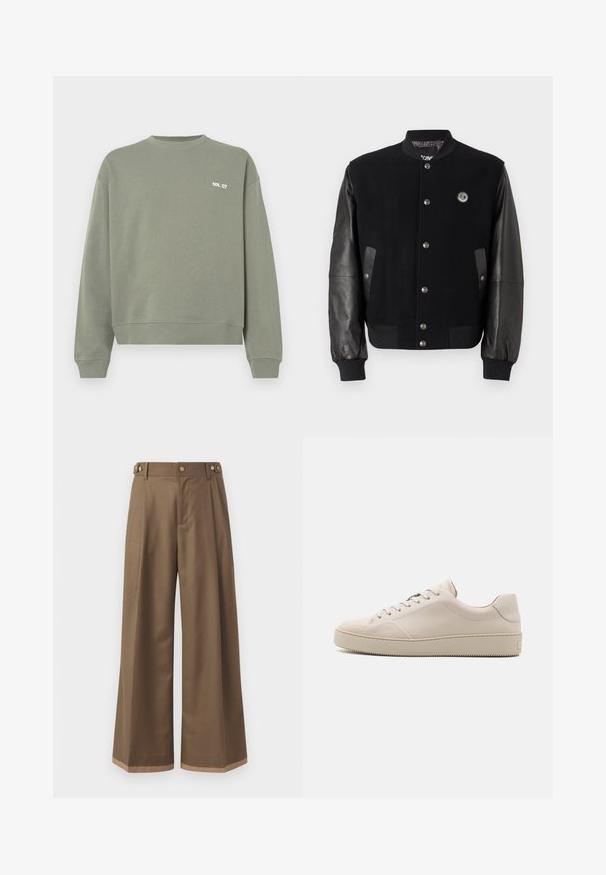 Veste de varsity noire avec un corps en laine et des manches en cuir. Elle présente des boutons pression, deux poches latérales et un écusson de logo sur la poitrine.; Sweatshirt vert olive en coton, avec un col rond, des poignets côtelés et un petit logo en texte blanc sur la poitrine.; Pantalons à larges jambes en tissu marron foncé, avec deux poches latérales, deux boutons décoratifs à l'avant et un détail de ourlet contrastant.; Baskets en cuir beige avec une finition lisse, bout rond, semelle plate et design classique à lacets. Des accents de couture subtils et une semelle extérieure texturée.