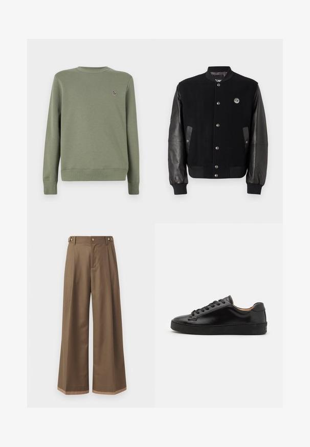 Fekete egyetemi dzseki gyapjús testtel és bőr ujjakkal. Kaponás gombokkal, két oldalsó zsebbel és logóval ellátott folttal a mellkason.; Olivazöld pulóver puha pamut keverékből. Hosszú ujjaival, kerek nyakkivágással és egy kis hímzett logóval rendelkezik a mellrészen.; Sötétbarna anyagú, bővített szárú nadrág, két oldalsó zsebbel, két díszítő elülső gombbal és kontrasztos szegérrésszel.; Fekete bőr sneaker sima felülettel, kerek orral és fekete fűzőkkel. Minimalista logó található a sarokon, valamint gumitalpa van.