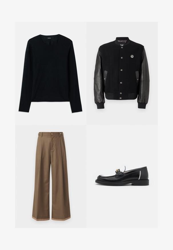 Schwarze Collegejacke mit Wollkörper und Lederärmeln. Verfügt über Druckknöpfe, zwei seitliche Taschen und ein Logo-Patch auf der Brust.; Schwarzes langärmliges Strickoberteil mit Rundhalsausschnitt. Weiche Textur, lockere Passform, keine sichtbaren Muster oder Akzente.; Weite Beinkleider aus einem dunkelbraunen Stoff, mit zwei Seiten Taschen, zwei dekorativen vorderen Knöpfen und einem kontrastierenden Saumdetail.; Schwarze Lederloafers mit runder Zehenpartie, weißen Akzenten und goldenen Beschlägen auf dem Vorderblatt. Verfügt über ein strukturiertes Patch und einen gestapelten Absatz.