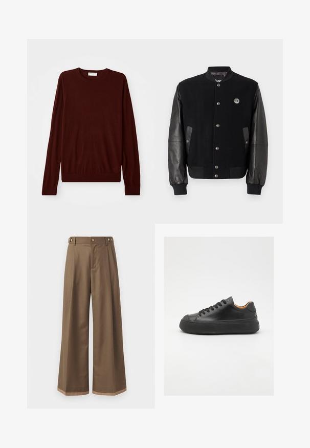 Černá varsity bunda s vlněným tělem a koženými rukávy. Má patentky, dvě boční kapsy a logo na hrudi.; Bordový dlouhý rukáv svetr s kulatým výstřihem, se žebrovanými manžetami a lemem, položený na bílé ploše.; Široké kalhoty z tmavě hnědé tkaniny, které mají dvě boční kapsy, dva dekorační přední knoflíky a kontrastní lem.; Černé kožené tenisky s kulatou špičkou, šněrováním v přední části, hladkým povrchem, silnou gumovou podrážkou a kontrastním tan interiérem.