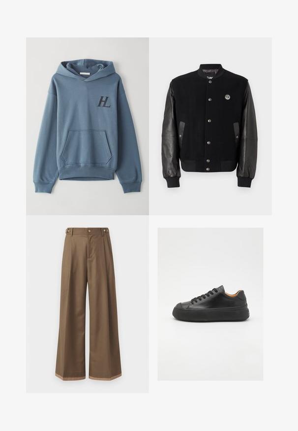Mustan yliopistotakin villaiset osat ja nahkahiha. Ominaisuuksiin kuuluu napsunapit, kaksi sivutaskua ja logo-patch rinnassa.; Sininen puuvillahuppari, jossa on etutasku, joustavat hihansuut ja nyörikiristettävä huppu. Rinnassa on musta "HL"-logo. Pehmeä tekstuuri.; Valkoiset housut tummasta ruskeasta kankaasta, joissa on kaksi sivutaskua, kaksi koristeellista etunappia ja kontrastivärinen helma.; Mustat nahkasneakerit, joissa on pyöreä kärki, nauhakiinnitys edessä, sileä pinta, paksu kumipohja ja kontrastoiva vaaleanruskea sisustus.