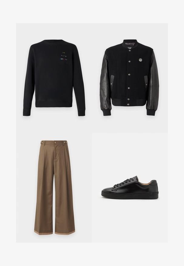 Mustan yliopistotakin villaiset osat ja nahkahiha. Ominaisuuksiin kuuluu napsunapit, kaksi sivutaskua ja logo-patch rinnassa.; Musta huppari, joka on valmistettu pehmeästä kankaasta. Vaatteessa on pyörökaula-aukko, resorit hihansuissa sekä koristeellinen monivärinen brodeerattu teksti rinnassa.; Valkoiset housut tummasta ruskeasta kankaasta, joissa on kaksi sivutaskua, kaksi koristeellista etunappia ja kontrastivärinen helma.; Musta nahkakengät, joissa on sileä pinta, pyöreä kärki ja mustat nauhat. Varustettu vähäisellä brändäyksellä kantapäässä ja kumipohjalla.