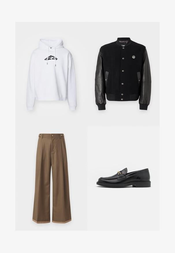 Schwarze Collegejacke mit Wollkörper und Lederärmeln. Verfügt über Druckknöpfe, zwei seitliche Taschen und ein Logo-Patch auf der Brust.; Weißer Hoodie mit schwarzem Logodruck auf der Vorderseite, ausgestattet mit einer Kapuze mit Kordelzug, langen Ärmeln sowie gerippten Bündchen und Saum.; Weite Beinkleider aus einem dunkelbraunen Stoff, mit zwei Seiten Taschen, zwei dekorativen vorderen Knöpfen und einem kontrastierenden Saumdetail.; Schwarze Lederleter mit einer abgerundeten Zehenpartie, ausgestattet mit goldenen Hardwareakzenten und Stichdetails, auf einer niedrigen, strukturierten Gummisohle.