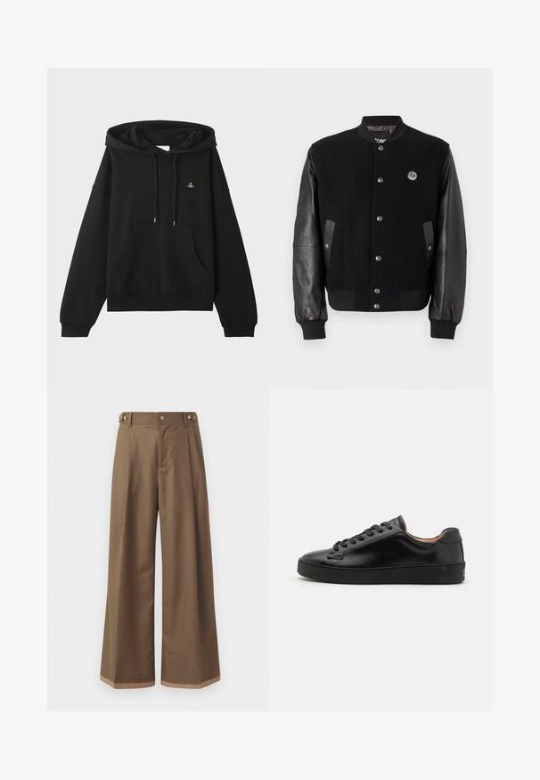 Black varsity jacket with wool body and leather sleeves. Features snap buttons, two side pockets, and a logo patch on the chest.; Black hoodie made of soft fabric, featuring a kangaroo pocket, drawstring hood, and a small embroidered design on the chest.; Wide-leg trousers in a dark brown fabric, featuring two side pockets, two decorative front buttons, and a contrast hem detail.; Black leather sneaker with a smooth finish, round toe, and black laces. Features minimal branding on the heel and a rubber outsole.