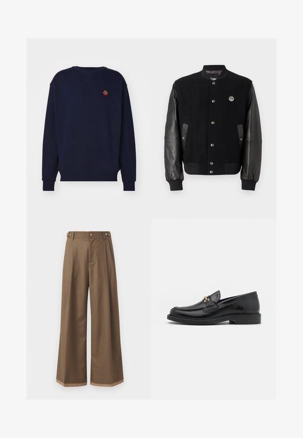 Black varsity jacket with wool body and leather sleeves. Features snap buttons, two side pockets, and a logo patch on the chest.; Navy blue sweatshirt with a round neckline, long sleeves, and ribbed cuffs. Features a small embroidered design on the chest.; Wide-leg trousers in a dark brown fabric, featuring two side pockets, two decorative front buttons, and a contrast hem detail.; Black leather loafers with a rounded toe, featuring gold hardware accent and stitching detail, set on a low, textured rubber sole.