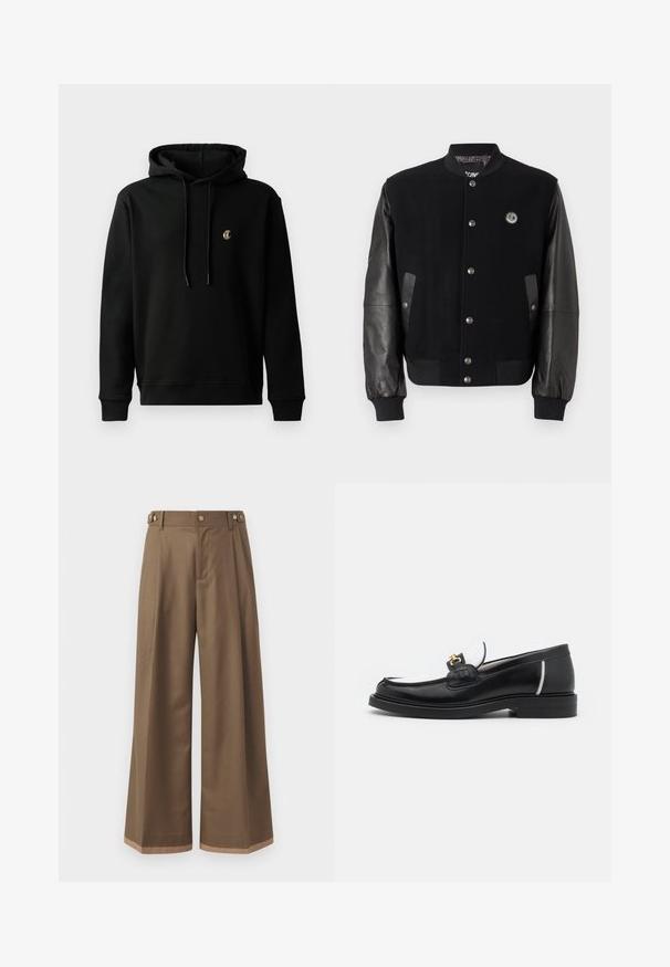 Giacca varsity nera con corpo in lana e maniche in pelle. Presenta bottoni a pressione, due tasche laterali e un'etichetta con logo sul petto.; Felpa nera con cappuccio in cotone misto, dotata di tasca a kangaroo sul davanti, cappuccio regolabile con coulisse e un piccolo logo ricamato sul petto.; Pantaloni a gamba larga in un tessuto marrone scuro, con due tasche laterali, due bottoni decorativi frontali e un dettaglio a contrasto all'orlo.; Mocassino in pelle nera con punta arrotondata, accenti bianchi e dettagli in oro sulla parte anteriore. Presenta un patch testurizzato e un tacco impilato.