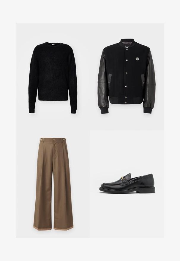 Czarna kurtka varsity z wełnianym korpusem i skórzanymi rękawami. Posiada napy, dwie boczne kieszenie i naszywkę z logo na piersi.; Czarny sweter z okrągłym dekoltem wykonany z miękkiego, teksturowanego materiału. Posiada długie rękawy i luźny krój bez widocznych ozdób.; Spodnie o szerokich nogawkach w ciemno brązowym materiale, z dwiema bocznymi kieszeniami, dwiema dekoracyjnymi guzikami z przodu oraz kontrastowym wykończeniem u dołu.; Czarne skórzane loafersy z zaokrąglonym noskiem, z ozdobnymi złotymi akcentami i detalami szycia, osadzone na niskiej, teksturowanej gumowej podeszwie.