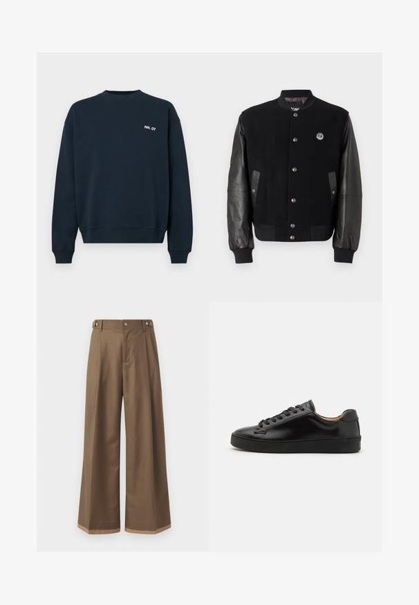 Mustan yliopistotakin villaiset osat ja nahkahiha. Ominaisuuksiin kuuluu napsunapit, kaksi sivutaskua ja logo-patch rinnassa.; Tummansininen crewneck-huppari, jossa on pitkät hihat ja valkoinen "NN. 07" teksti vasemmassa rinnassa, yksinkertainen muotoilu ribbaetuilla hihoilla ja helman osalla.; Valkoiset housut tummasta ruskeasta kankaasta, joissa on kaksi sivutaskua, kaksi koristeellista etunappia ja kontrastivärinen helma.; Musta nahkakengät, joissa on sileä pinta, pyöreä kärki ja mustat nauhat. Varustettu vähäisellä brändäyksellä kantapäässä ja kumipohjalla.