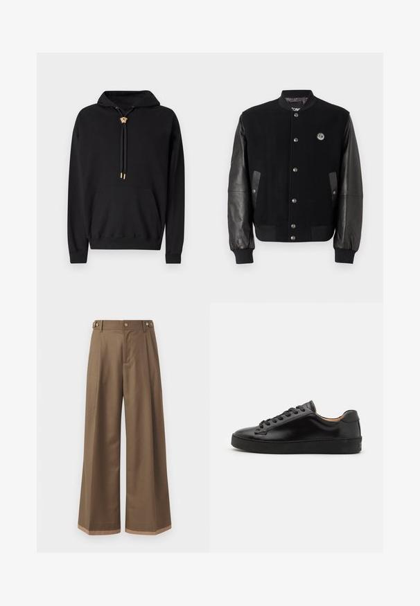 Čierna univerzitná bunda s vlneným telom a koženými rukávmi. Obsahuje cvoky, dve bočné vrecká a nášivku s logom na hrudi.; Čierna mikina s kapucňou vyrobená z bavlny, s predným vreckom, s detailom zlatého leva na šnúrkach a logom embosovaným na hrudi.; Široké nohavice z tmavohnedej textílie, s dvoma bočnými vreckami, dvoma dekoračnými prednými gombíkmi a kontrastným detailom na leme.; Čierne kožené tenisky s hladkým povrchom, okrúhlou špičkou a čiernymi šnúrkami. Obsahujú minimálne označenie na päte a gumovú podrážku.