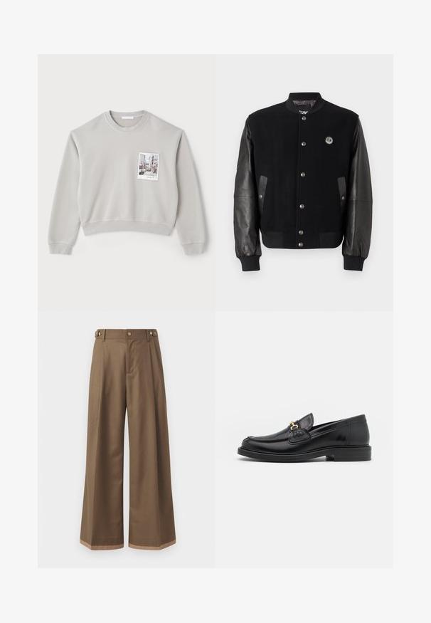 Veste de varsity noire avec un corps en laine et des manches en cuir. Elle présente des boutons pression, deux poches latérales et un écusson de logo sur la poitrine.; Sweatshirt court gris clair en matière douce, avec une poche avant ornée d'une impression photo. Poignets et ourlet côtelés.; Pantalons à larges jambes en tissu marron foncé, avec deux poches latérales, deux boutons décoratifs à l'avant et un détail de ourlet contrastant.; Mocassins en cuir noir avec un embout rond, présentant des accents en métal doré et des détails de couture, montés sur une semelle en caoutchouc texturé et basse.