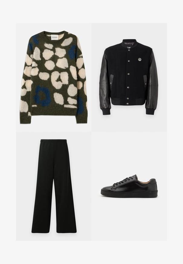 Černá varsity bunda s vlněným tělem a koženými rukávy. Má patentky, dvě boční kapsy a logo na hrudi.; Pletený svetr v olivově zelené barvě s bílými a modrými abstraktními skvrnami. Obsahuje kulatý výstřih a žebrované manžety a lem. Měkká, strukturovaná tkanina.; Černé kalhoty s širokými nohavicemi vyrobené z měkké tkaniny. Mají elastický pas, hladkou strukturu a jednoduchý, moderní design bez vzorů.; Černé kožené tenisky s hladkým povrchem, kulatou špičkou a černými tkaničkami. Mají minimální branding na patě a gumovou podešev.