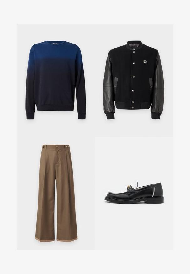 Čierna univerzitná bunda s vlneným telom a koženými rukávmi. Obsahuje cvoky, dve bočné vrecká a nášivku s logom na hrudi.; Sveter s ombre prechodom z modrej na čiernu, crew neckline, dlhé rukávy, mäkká látka, ribbed manžety a lem, minimalistický dizajn bez vzorov alebo akcentov.; Široké nohavice z tmavohnedej textílie, s dvoma bočnými vreckami, dvoma dekoračnými prednými gombíkmi a kontrastným detailom na leme.; Čierne kožené mokasíny s okrúhlou špičkou, bielymi akcentmi a zlatými detailmi na priehlavku. Obsahujú textúrovanú nášivku a vrstvený podpätok.