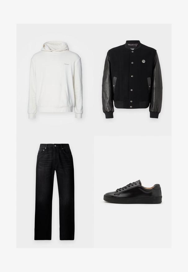 Mustan yliopistotakin villaiset osat ja nahkahiha. Ominaisuuksiin kuuluu napsunapit, kaksi sivutaskua ja logo-patch rinnassa.; Valkoinen huppari, jossa on etutasku, pitkät hihat ja nyörillä varustettu huppu. Valmistettu pehmeästä kankaasta ja siinä on hillitty brodeerattu teksti rinnassa.; Mustat suorat farkut, joissa on kulunut pinta, viiden taskun muotoilu ja metallinen nappisuljenta vyötäröllä.; Musta nahkakengät, joissa on sileä pinta, pyöreä kärki ja mustat nauhat. Varustettu vähäisellä brändäyksellä kantapäässä ja kumipohjalla.