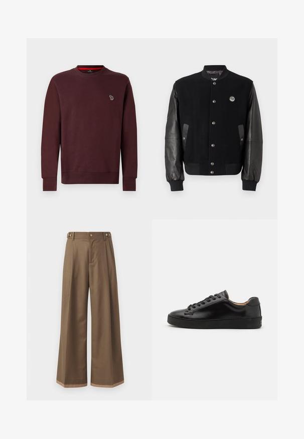 Melnā universitātes jakā ar vilnas ķermeni un ādas piedurknēm. Iekļauj snap pogas, divas sānu kabatas un logo uzplecu uz krūtīm.; Burgundijas krāsas sporta krekls, izgatavots no mīksta kokvilnas maisījuma, ar apaļu kakla izgriezumu, ribotu piedurkņu un apakšmalu, un ar nelielu izšūtu dzīvnieku logo uz krūšu daļas.; Plati bikses tumši brūnā audumā, ar divām sānu kabatām, diviem dekoratīviem priekšējiem pogām un kontrastējošu apakšējo malumu detaļu.; Melnas ādas sporta apavi ar gludu virsmu, apaļu purngalu un melnām auklām. Iezīmē minimālu zīmolu uz papēža un gumijas zoli.