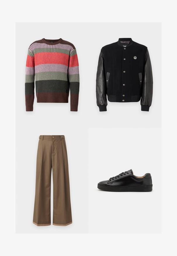 Black varsity jacket with wool body and leather sleeves. Features snap buttons, two side pockets, and a logo patch on the chest.; Multicolored knit sweater featuring vertical ribbing. Colors include red, pink, green, and brown in alternating stripes. Crew neck design.; Wide-leg trousers in a dark brown fabric, featuring two side pockets, two decorative front buttons, and a contrast hem detail.; Black leather sneaker with a smooth finish, round toe, and black laces. Features minimal branding on the heel and a rubber outsole.
