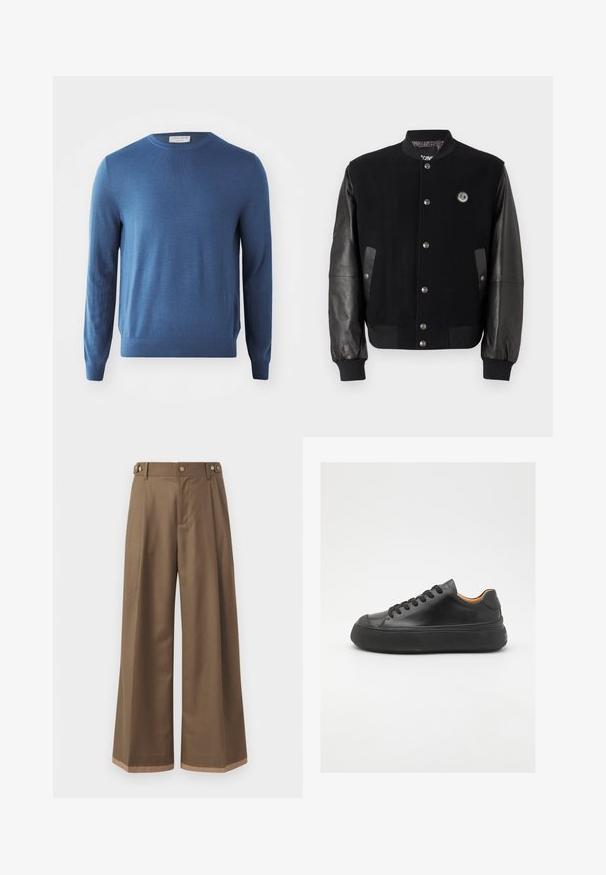 Veste de varsity noire avec un corps en laine et des manches en cuir. Elle présente des boutons pression, deux poches latérales et un écusson de logo sur la poitrine.; Pull bleu à col rond, fabriqué en tissu doux. Manches longues et ourlet côtelé. Design minimaliste sans motifs ni détails visibles.; Pantalons à larges jambes en tissu marron foncé, avec deux poches latérales, deux boutons décoratifs à l'avant et un détail de ourlet contrastant.; Baskets noires en cuir avec un bout arrondi, lacets à l'avant, texture lisse, semelle en caoutchouc épaisse et intérieur contrastant en tan.